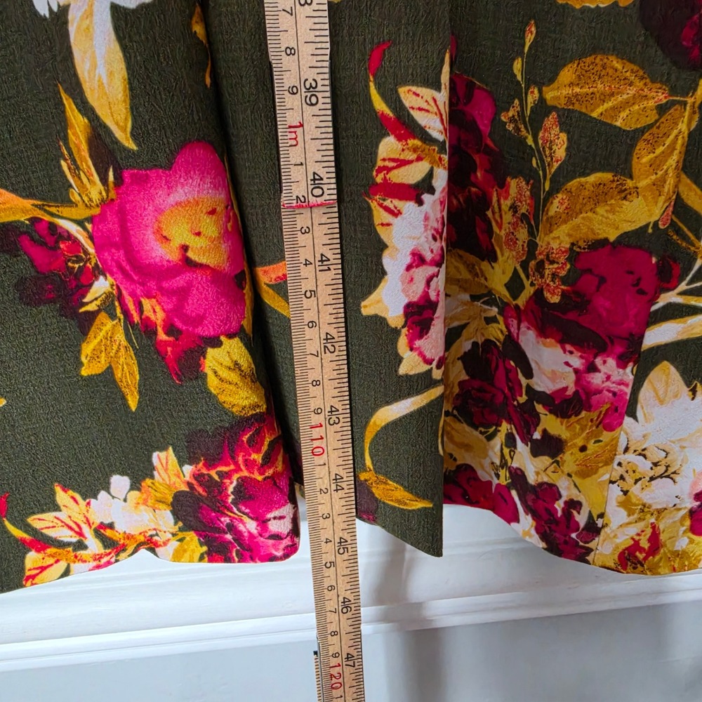 New York & Company Duster Floral Velvet Trim Longline Boho Olive Green Size M - Picture 7 of 8
